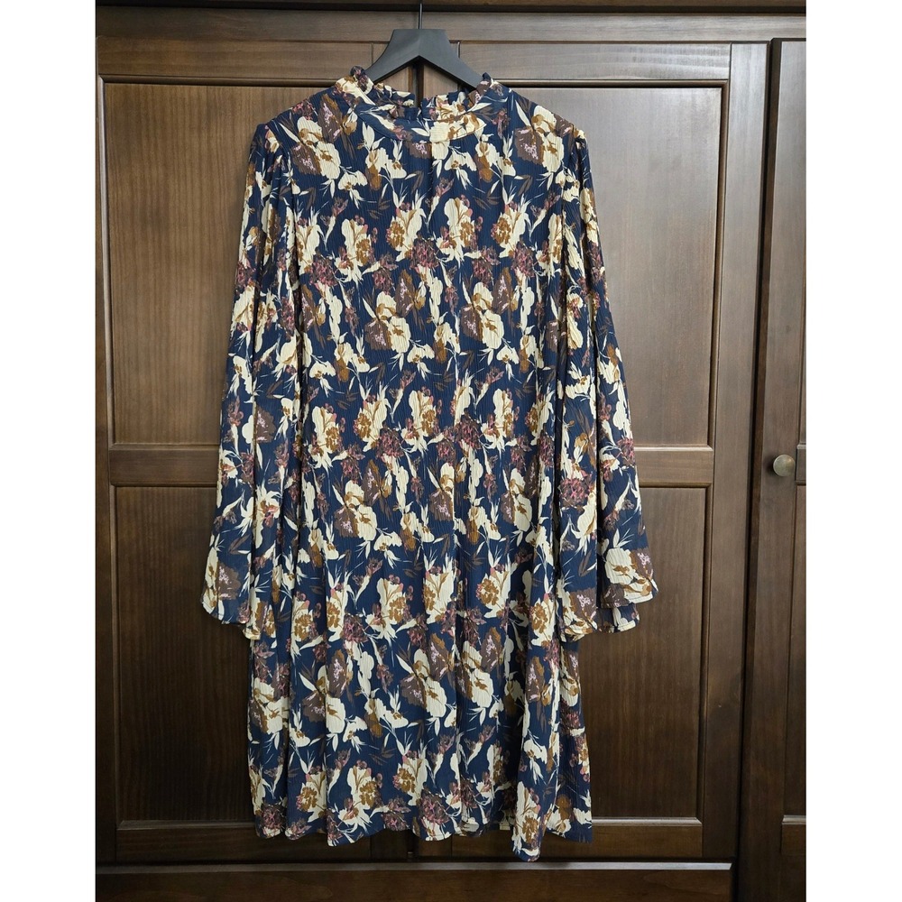 Loveriche Womens 2X Navy Floral Plisse Smocked High Neck Midi Dress LD438761